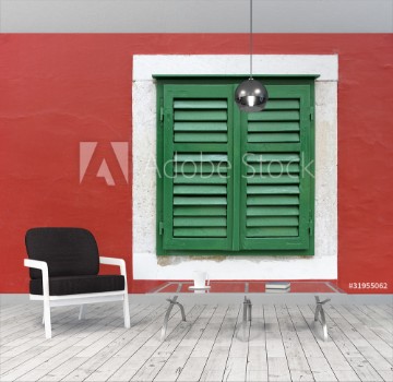 Picture of Single window with green shutters set in red wall in Skradin
